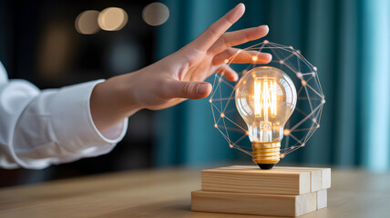 Hand reaching for glowing light bulb with digital network overlay symbolizing innovation and connectivity