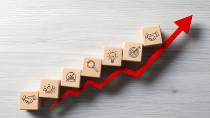 Business Growth Strategy Icons on Wooden Blocks