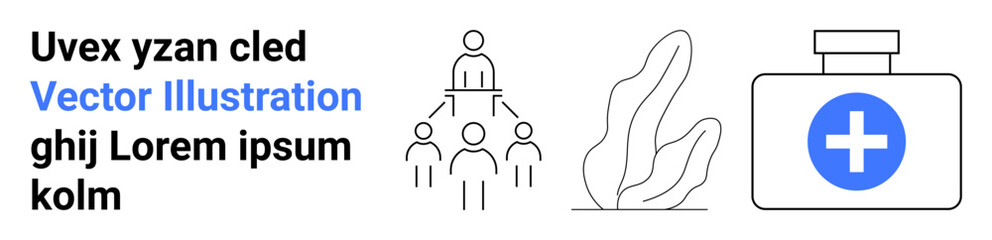 Team building, corporate structure, medical services, healthcare innovation, nature integration, professional networking. Abstract human hierarchy, medical cross icon and plant outline. Team