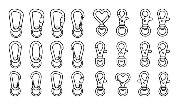 Outline set of carabiners, lobster claw clasps, key rings. metal clips. various shapes. bag, keychain.