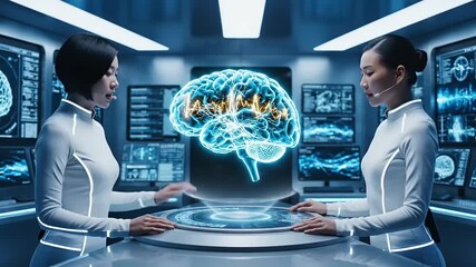 Two scientists discussing brain activity in a futuristic lab with holographic displays and data analysis - Powered by Adobe