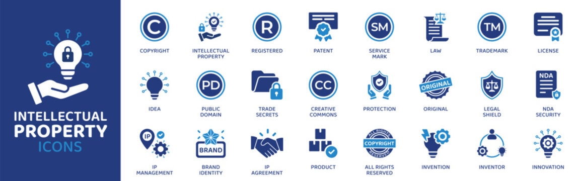 Intellectual property flat icon set. Containing Icons as Copyright, Patent, Trademark, License, Registered, Idea, Innovation and more. Solid Vector web icons collection.
