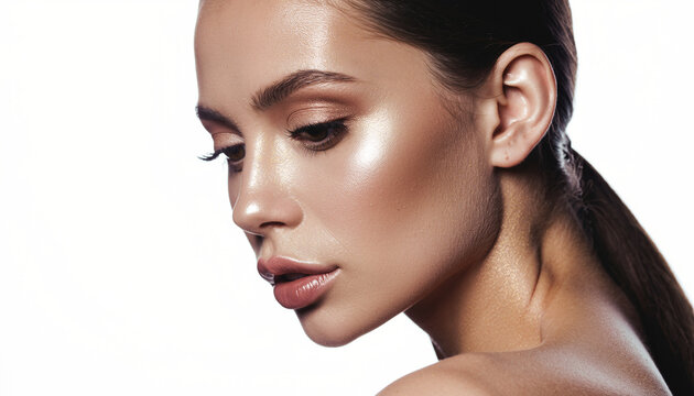 A beautiful woman with glowing skin and natural makeup looking down in profile against a white background. - Powered by Adobe