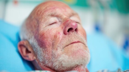 Elderly man resting in hospital bed during evening hours