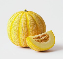 A whole yellow, striped melon with a single slice, isolated on a plain white background