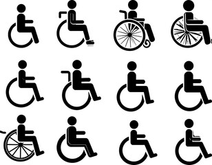 Assortment of black and white wheelchair user icons in various positions