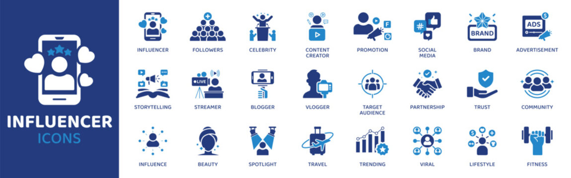 Influencer flat icon set. Containing Icons as Followers, Celebrity, Content Creator, Social Media, Brand, Promotion, Storytelling and more. Solid Vector web icons collection.