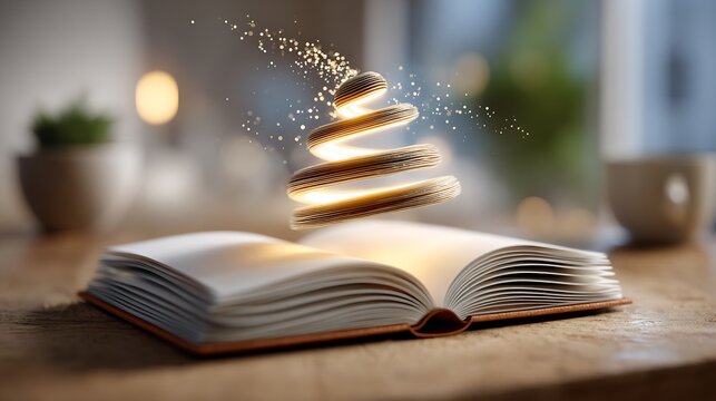 Glowing brand presence symbol gradually expanding above notebook on wooden desk, soft studio light, clean background blur, premium commercial look