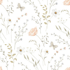 Delicate watercolor pattern with wildflowers, abstract plants and flying butterflies, isolated seamless illustration for cute wallpapers, textile or background. Hand drawn print.