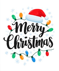 Merry Christmas Calligraphy with Santa Hat and Lights