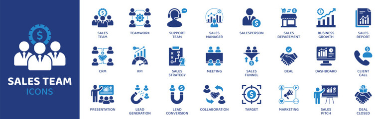 Sales team flat icon set. Containing Icons as Teamwork, Sales Manager, Salesperson, Sales Department, Business Growth, Sales Report, CRM and more. Solid Vector web icons collection.