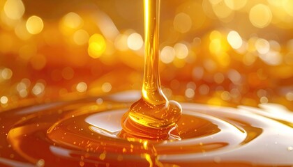 Golden liquid pouring creating ripples