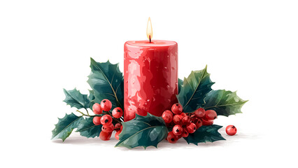 Red Holiday Pillar Candle Surrounded by Holly Berry Watercolor Art. Traditional Christmas, Seasonal Greeting, Festive Decor.