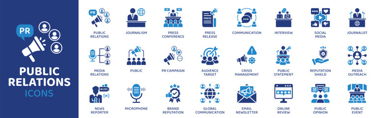 Public Relations flat icon set. Containing Icons as Journalism, Press Conference, Press Release, Communication, Interview, Social Media, Journalist and more. Solid Vector web icons collection.