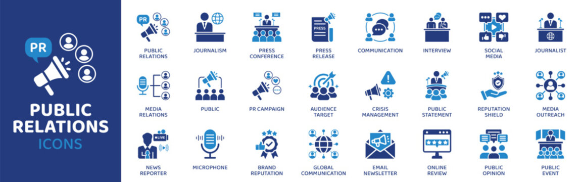 Public Relations flat icon set. Containing Icons as Journalism, Press Conference, Press Release, Communication, Interview, Social Media, Journalist and more. Solid Vector web icons collection.