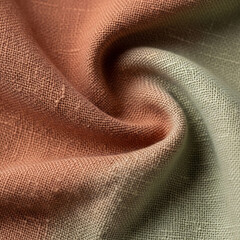Close-up Texture of Woven Linen Fabric in Terra Cotta Orange and Sage Green