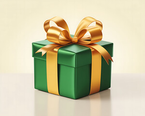Square green gift box with a shiny gold ribbon and bow on a soft yellow background present
