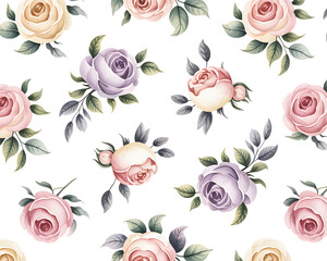 Watercolor seamless pattern of delicate pink, purple, and cream roses with green leaves background texture