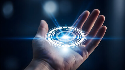 Glowing digital interface appears on an outstretched hand with a dark background and blue light flares