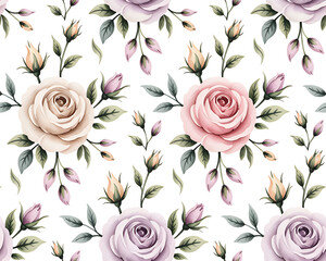 Watercolor seamless pattern with delicate roses and buds in pastel pink cream and lavender hues floral