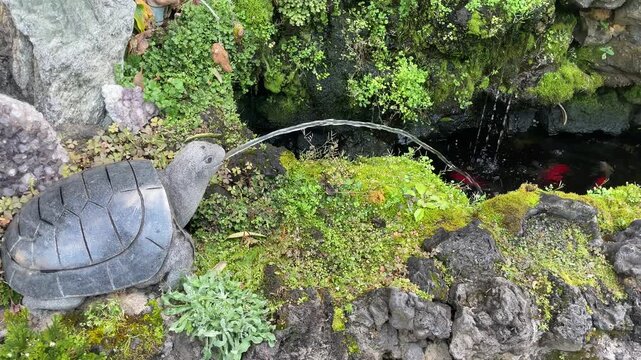 Traditional Korean koi pond with stone turtle water fountain &ndash; calming moss garden and colorful fish swimming in clear water
