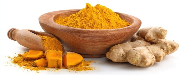 Still life shows turmeric powder in a wooden bowl & scoop, fresh ginger root, and chopped turmeric
