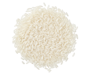 Top view of dry white rice grains forming a circular heap, a staple food ingredient ready for cooking