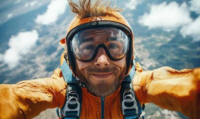 Selfie of a skydiving man, showcasing an active lifestyle and thrill-seeking adventure. The image highlights extreme sports and personal empowerment, ideal for promoting adventure, Generative AI
