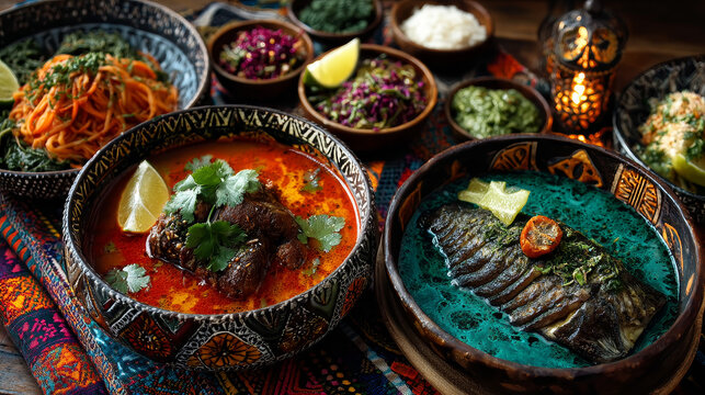Top down view of various home made Brazilian recipes cooked and displayed on colorful textures and tablecloths