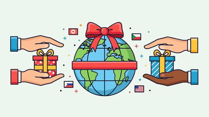 Global Gift Exchange: Depicting a world where generosity and giving transcend borders. Two pairs of hands, each cradling a beautifully wrapped gift, converge around a globe.