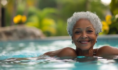 Candid shot of a happy senior woman in a pool, enjoying her vacation. The image captures the joy and freedom of senior living, ideal for promoting resort, wellness, or vacation services, Generative AI