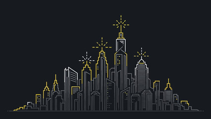 Urban Symphony: A striking illustration of a cityscape at night, with towering skyscrapers and iconic landmarks illuminated against a deep dark background.