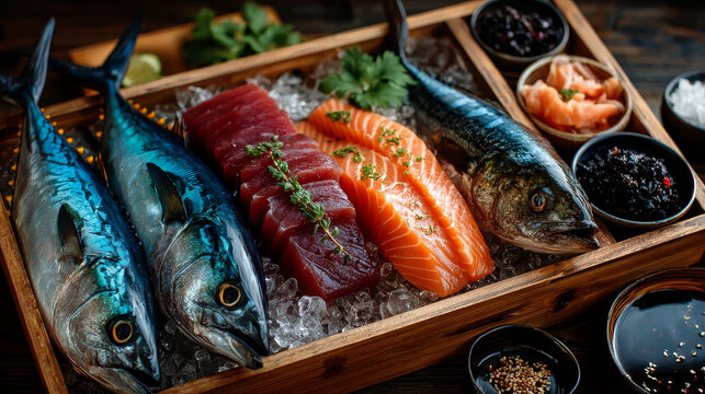 Selection of freshly caught marine fish for the table in a wooden crate of crushed ice on an old wooden table, viewed from above
