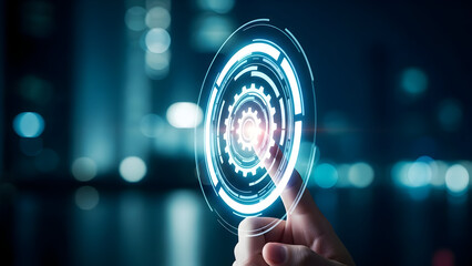 Person interacts with futuristic holographic interface displaying glowing gears and data circles
