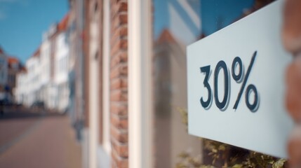 Store displays a 30 percent discount sign in the window during the day