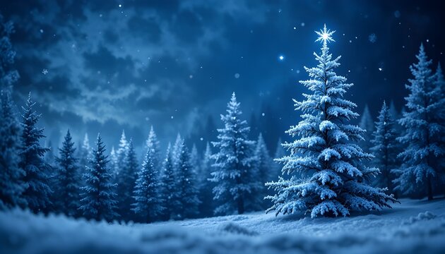 Abstract Christmas tree forest with delicate snowflakes set against a serene blue festive background - Powered by Adobe