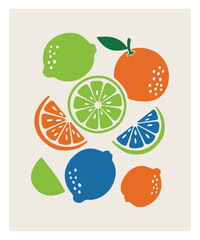 Abstract Modern Tropical Citrus Fruits and Slices Pattern Minimal Flat Design Lemon Orange Lime Illustration