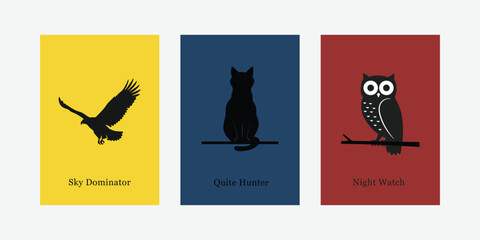 Minimalist Animal Silhouette Eagle Cat Owl Black Symbol Poster Set Illustration