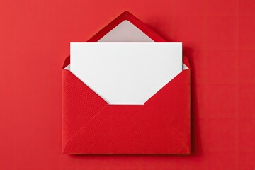 A bright red envelope, partially open, holding a blank white card on a solid red background