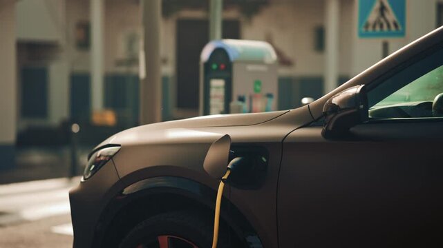 Close up of an electric vehicle plugged into a charging station