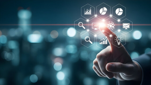 Futuristic digital interface with business icons activated by a finger touch over a cityscape background - Powered by Adobe