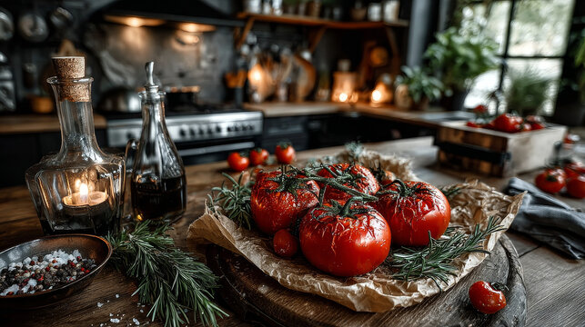 Bunch of fresh red tomatoes in grungy kitchen on a piece of stained, wrinkled oily oven paper on an old wooden tabletop
