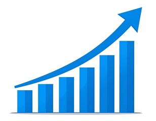 A blue bar graph with an upward-pointing arrow overlay