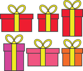 Six colorful gift boxes with yellow ribbons, perfect for celebrations and special occasions.