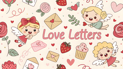 Kawaii-style pattern featuring adorable cupids, smiling hearts, love letters, chocolates, roses, and tiny bows. Bright pinks, reds, and soft pastels for a playful Valentine vibe