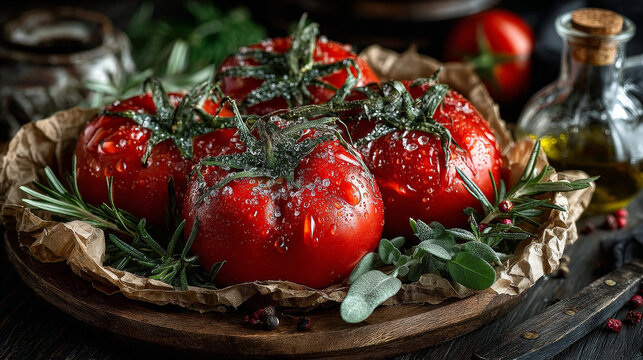 Bunch of fresh red tomatoes in grungy kitchen on a piece of stained, wrinkled oily oven paper on an old wooden tabletop