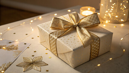 Golden Celebration Gift Box Surrounded by Star Confetti