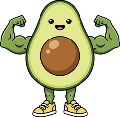  Strong Avocado Mascot Flexing Muscles &mdash; Cute Cartoon Vector Illustration