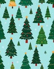 Festive pattern featuring various decorated evergreen trees with string lights and ornaments on a light blue background