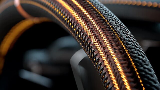 Close up of braided cable with orange glowing threads on a dark background